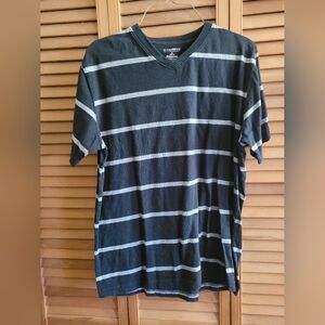 No Boundaries Black V-Neck Tee with Gray Stripes